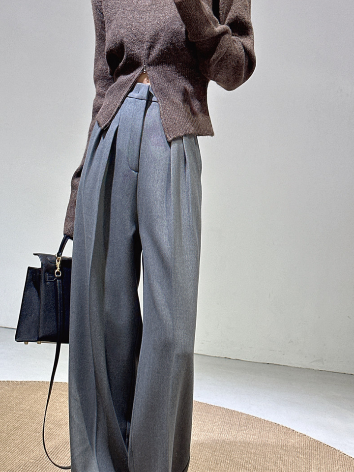 OLD MONEY Gray Tailored Wide-Leg Trousers