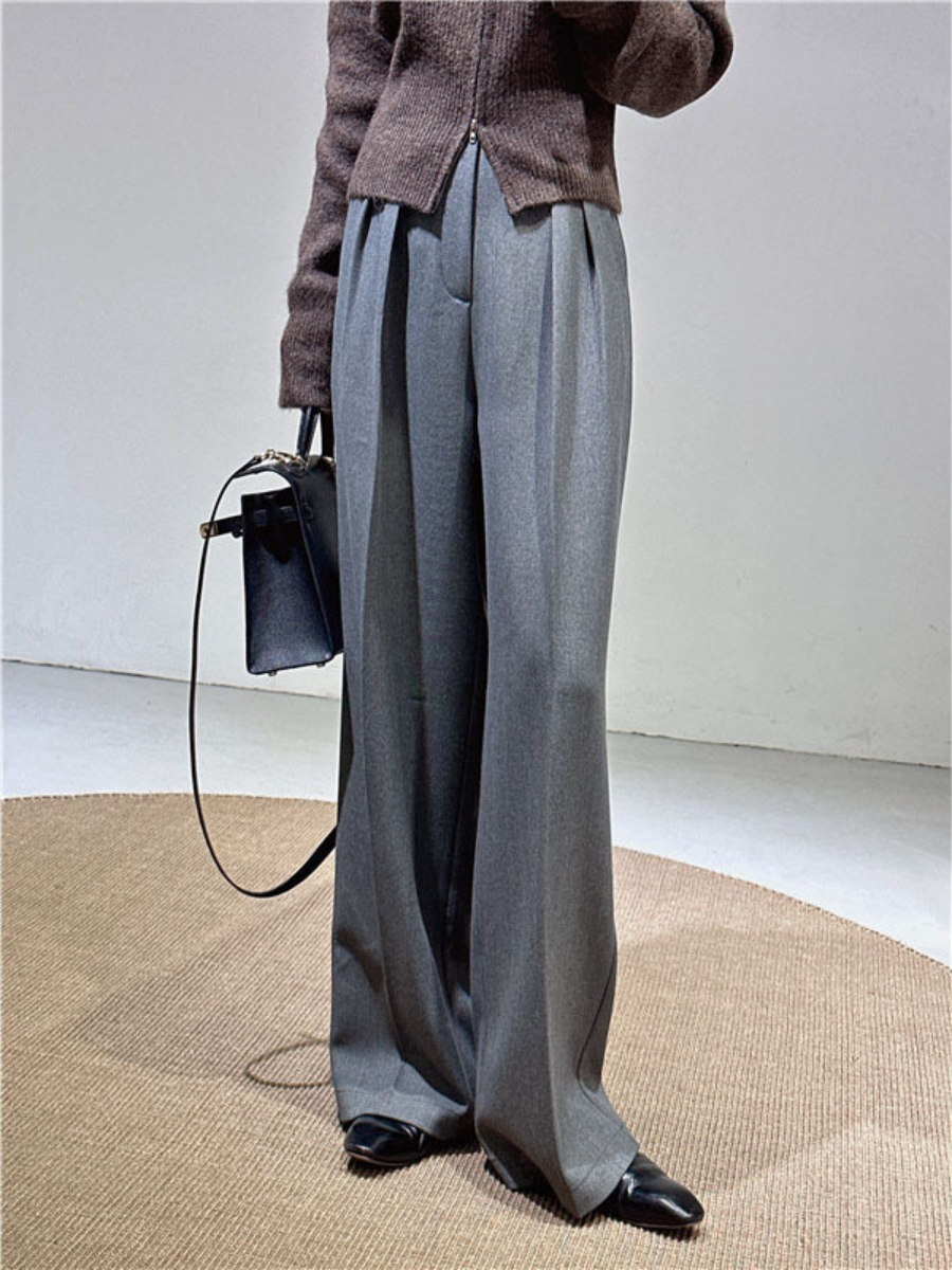 OLD MONEY Gray Tailored Wide-Leg Trousers