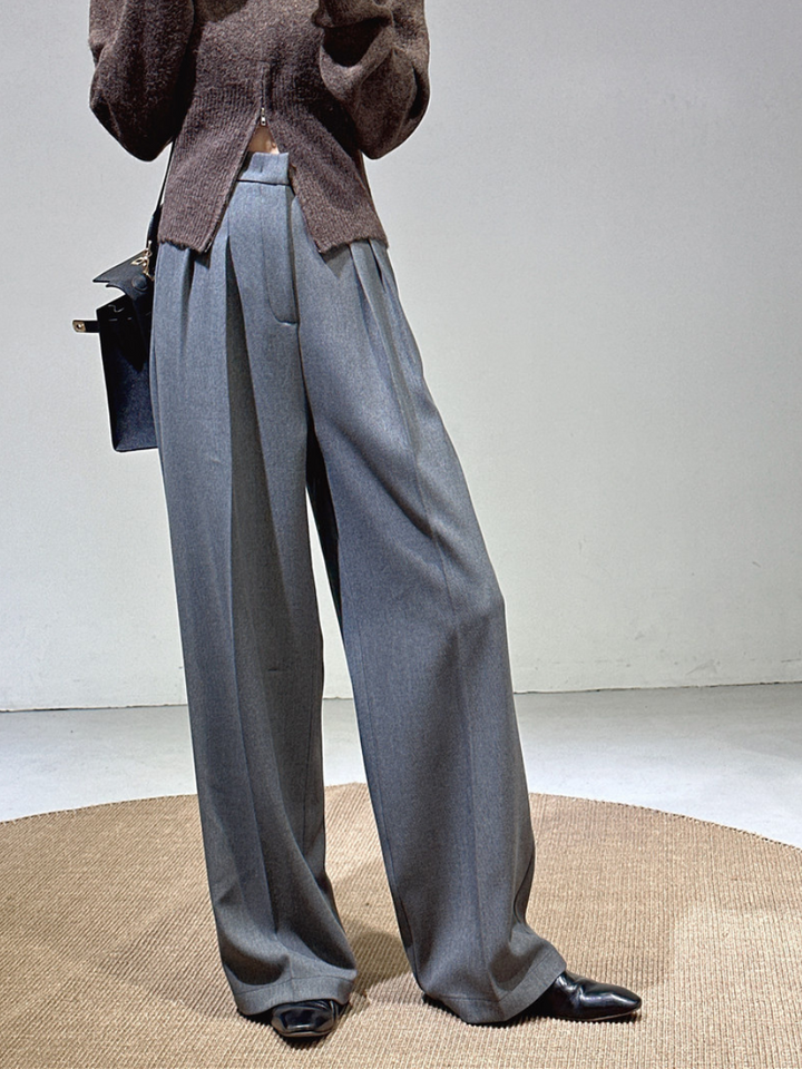 OLD MONEY Gray Tailored Wide-Leg Trousers