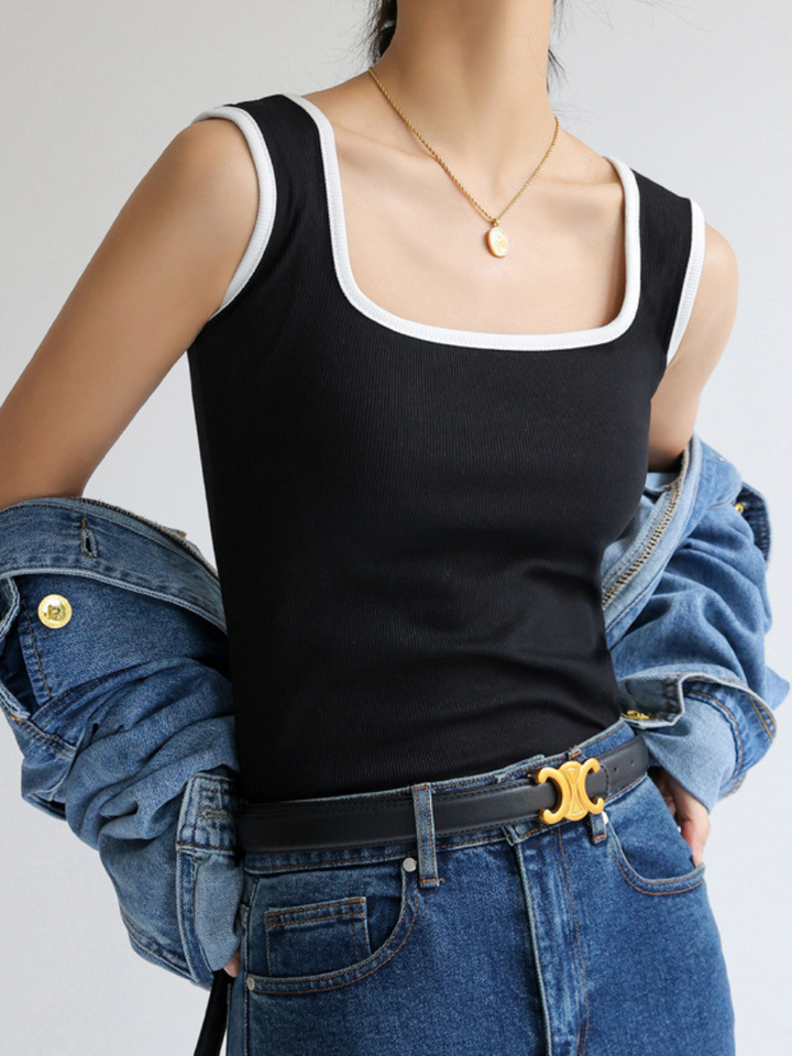 Wide-Edge Tank Top from Marini's Old Money Collection worn with denim jacket and jeans.